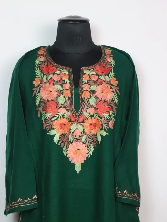 Green Kashmiri Pheran in Cashmilon With Aari Work Aabida - Image 2