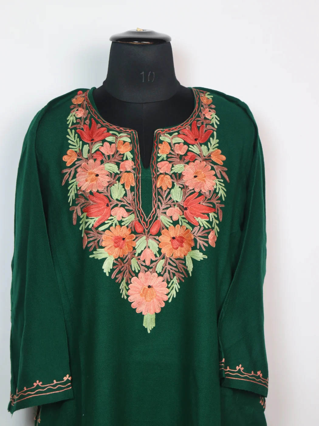 Green Kashmiri Pheran in Cashmilon With Aari Work Aabida - Image 2