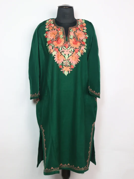 Green Kashmiri Pheran in Cashmilon With Aari Work Sughra