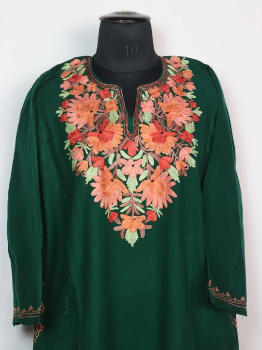 Green Kashmiri Pheran in Cashmilon With Aari Work Sughra - Image 2
