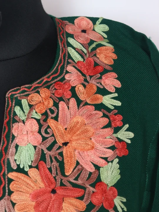 Green Kashmiri Pheran in Cashmilon With Aari Work Sughra - Image 3