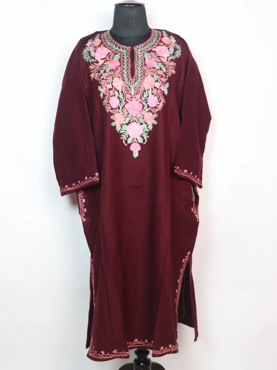 Tabassum Kashmiri Pheran in Maroon Cashmilon With Aari Work