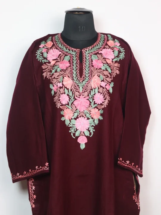 Tabassum Kashmiri Pheran in Maroon Cashmilon With Aari Work - Image 2