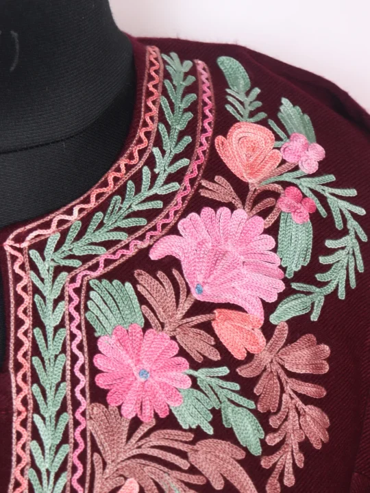 Tabassum Kashmiri Pheran in Maroon Cashmilon With Aari Work - Image 3