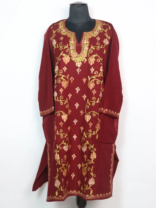 Designer Kashmiri Pheran in Maroon Cashmilon With  Front Jaal Aari Embroidery | Mushira