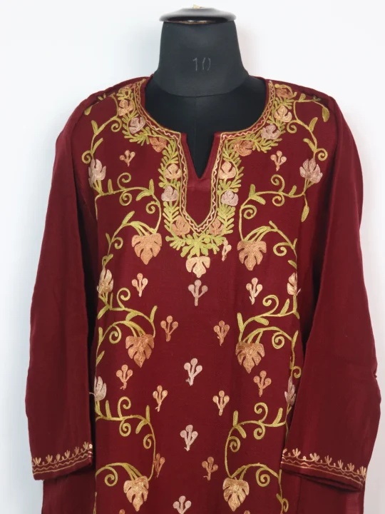 Designer Kashmiri Pheran in Maroon Cashmilon With  Front Jaal Aari Embroidery | Mushira - Image 2