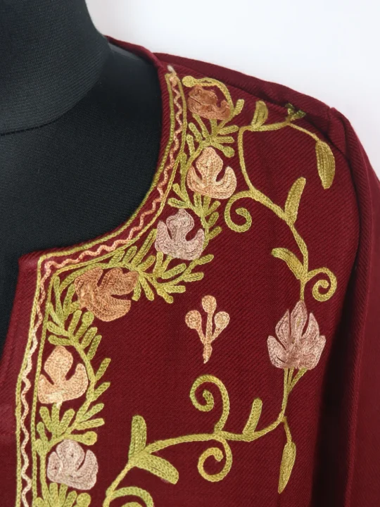 Designer Kashmiri Pheran in Maroon Cashmilon With  Front Jaal Aari Embroidery | Mushira - Image 3