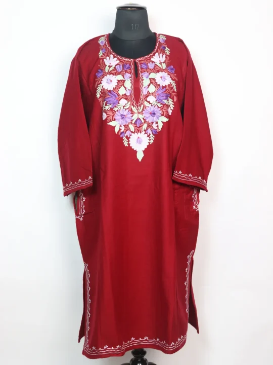 Kashmiri Pheran in Red Cashmilon With Aari Work Nighat