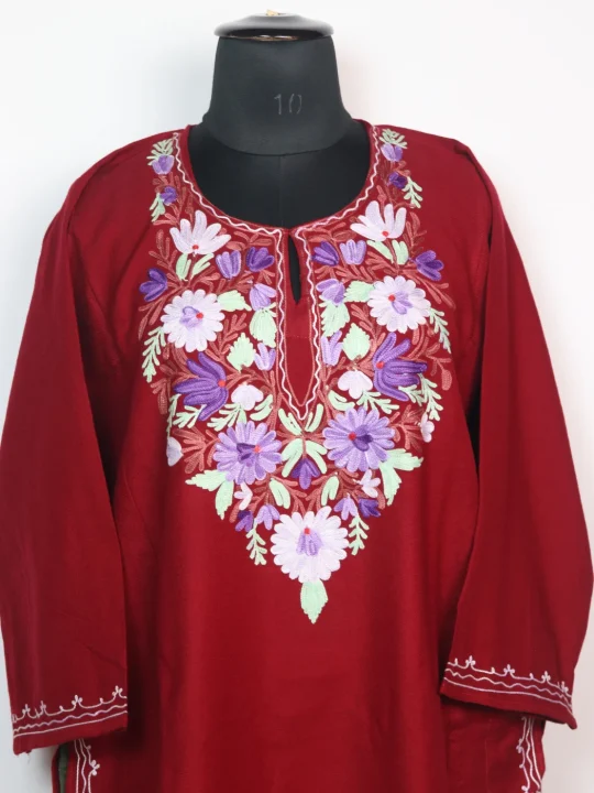 Kashmiri Pheran in Red Cashmilon With Aari Work Nighat - Image 2