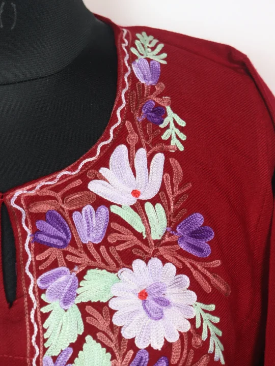 Kashmiri Pheran in Red Cashmilon With Aari Work Nighat - Image 3