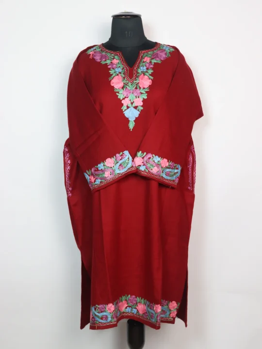 Designer Kashmiri Pheran in Red Cashmilon With Sleeve Border Aari Embroidery | Aqeela