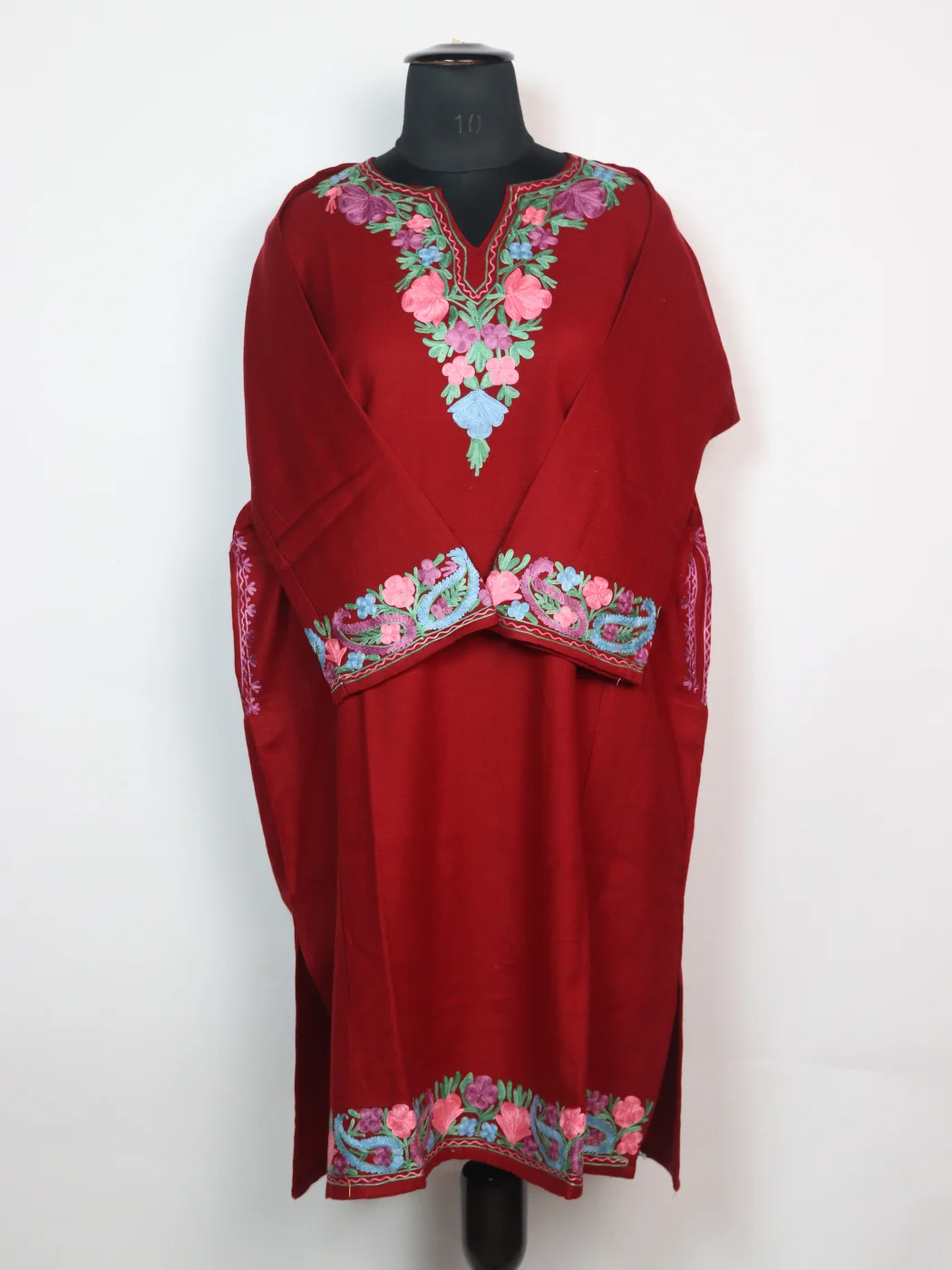 Designer Kashmiri Pheran in Red Cashmilon With Sleeve Border Aari Embroidery | Aqeela