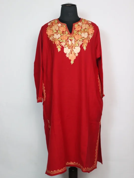 Kashmiri Pheran Red Cashmilon With Aari Embroidery | Bazila