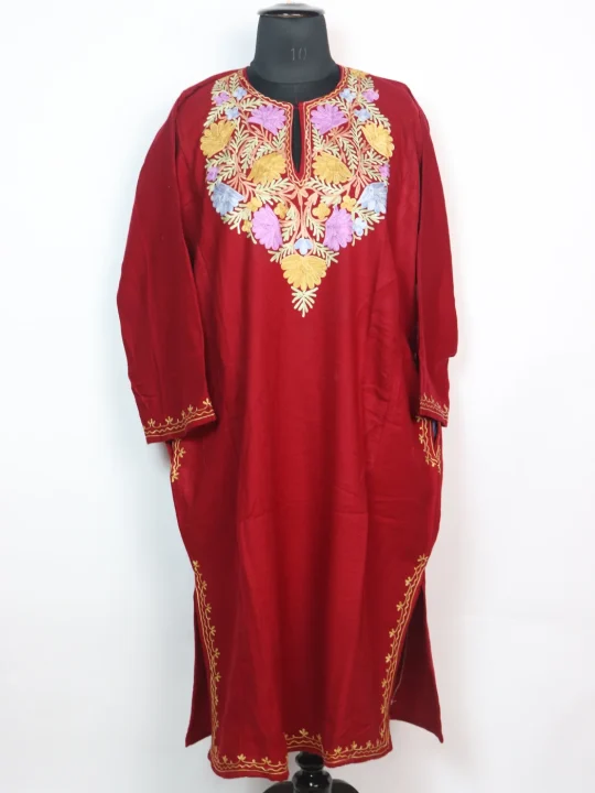 Red Kashmiri Pheran in Cashmilon With Aari Work Aqeela