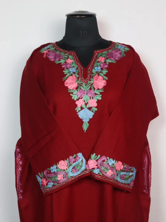 Designer Kashmiri Pheran in Red Cashmilon With Sleeve Border Aari Embroidery | Aqeela - Image 2
