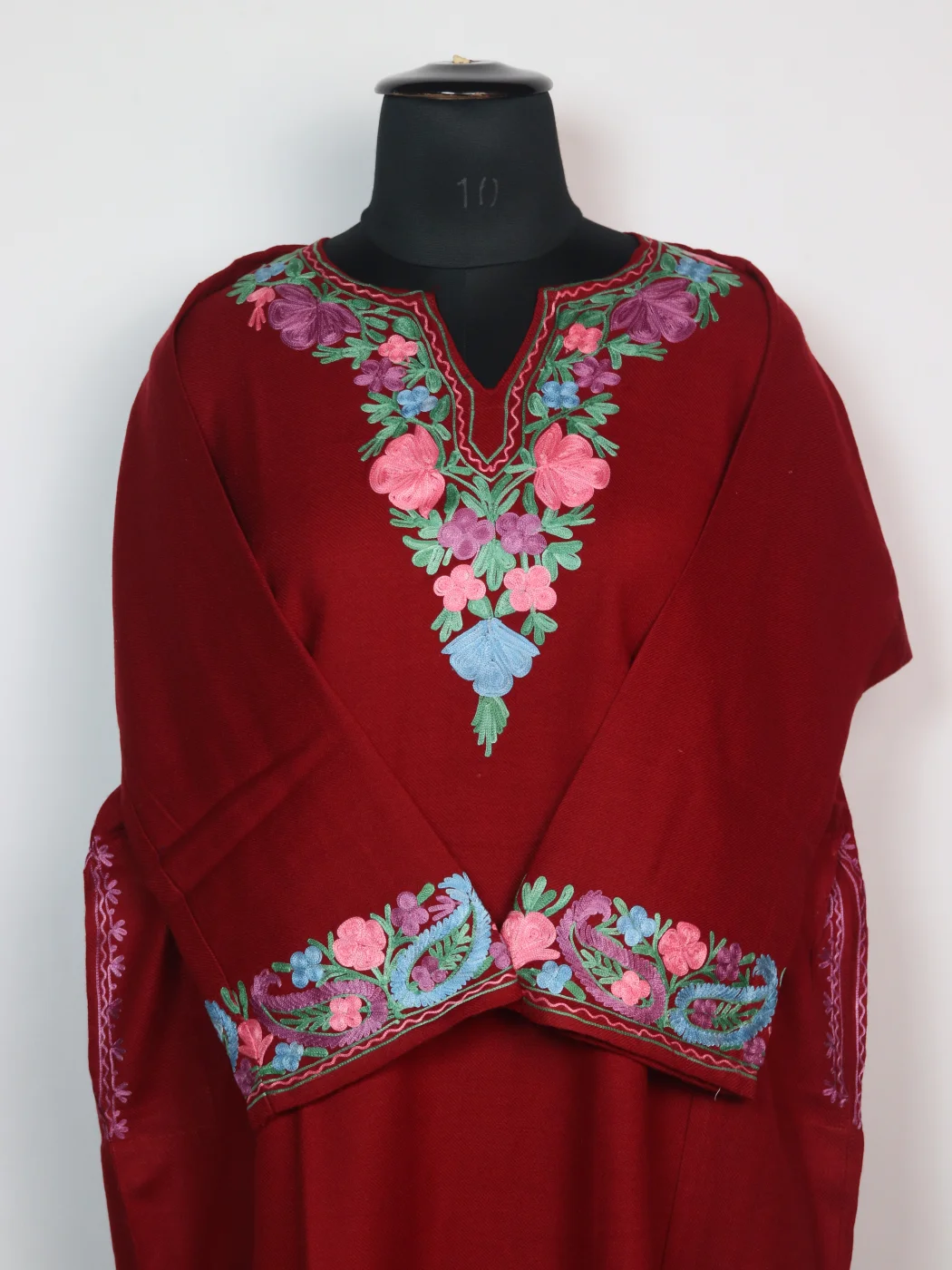 Designer Kashmiri Pheran in Red Cashmilon With Sleeve Border Aari Embroidery | Aqeela - Image 2