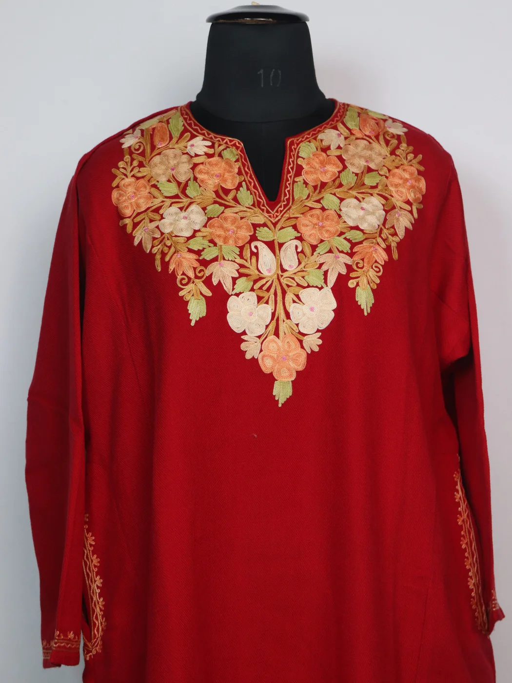 Kashmiri Pheran Red Cashmilon With Aari Embroidery | Bazila - Image 2