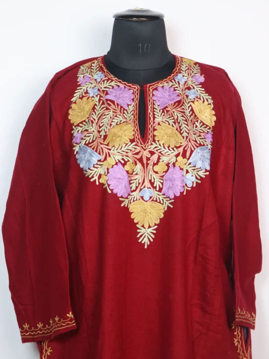Red Kashmiri Pheran in Cashmilon With Aari Work Aqeela - Image 2