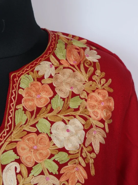 Kashmiri Pheran Red Cashmilon With Aari Embroidery | Bazila - Image 3