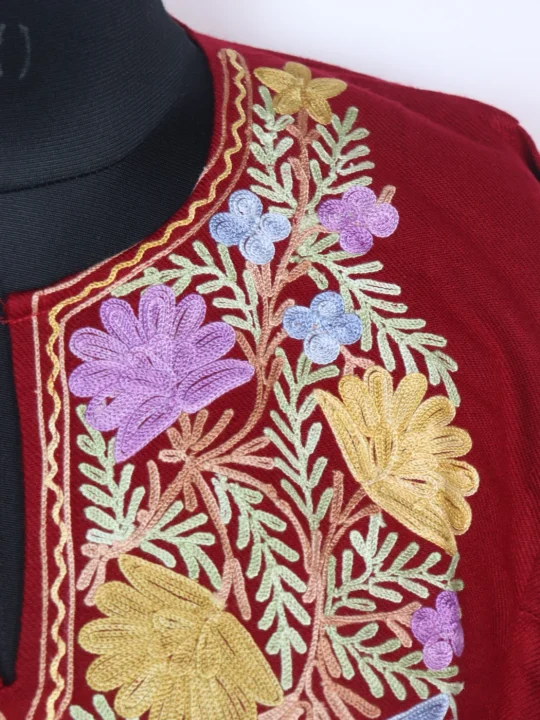 Red Kashmiri Pheran in Cashmilon With Aari Work Aqeela - Image 3
