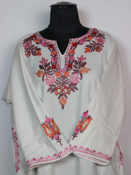 Designer Kashmiri Pheran With Sleeve Boothi Aari Embroidery in White Cashmilon | Mubashira - Image 2