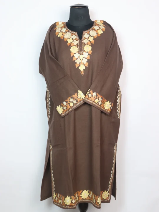 Designer Kashmiri Pheran Beige Cashmilon With Sleeve Border Aari Embroidery | Haneen