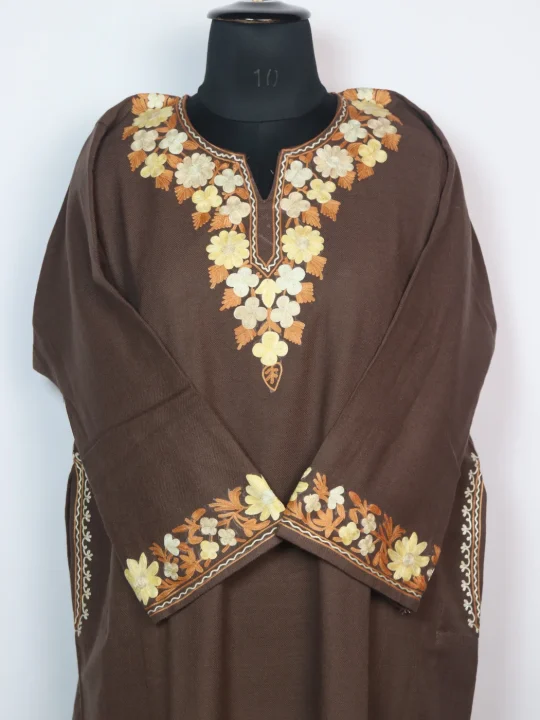 Designer Kashmiri Pheran Beige Cashmilon With Sleeve Border Aari Embroidery | Haneen - Image 2