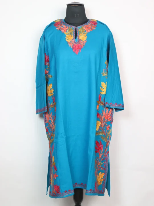 Rooh Kashmiri Pheran In Blue Cashmilon With Aari Embroidery and Side Panel Work | Designer
