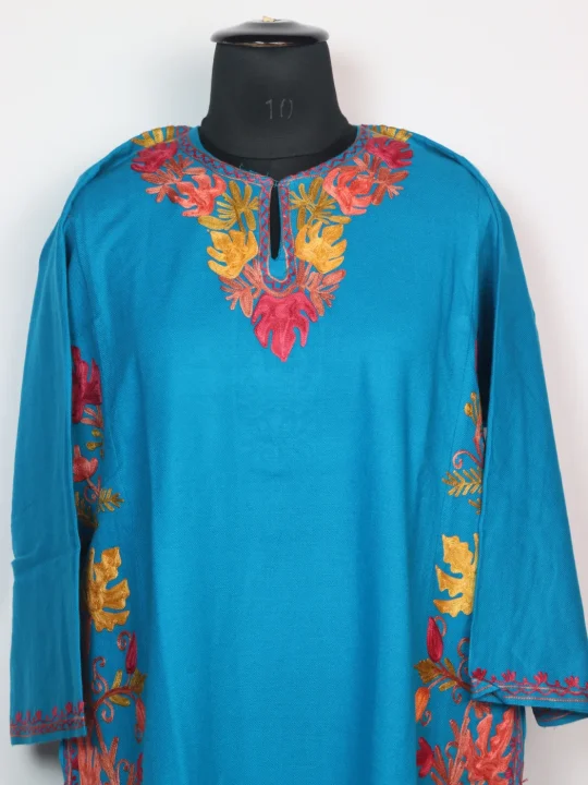 Rooh Kashmiri Pheran In Blue Cashmilon With Aari Embroidery and Side Panel Work | Designer - Image 2