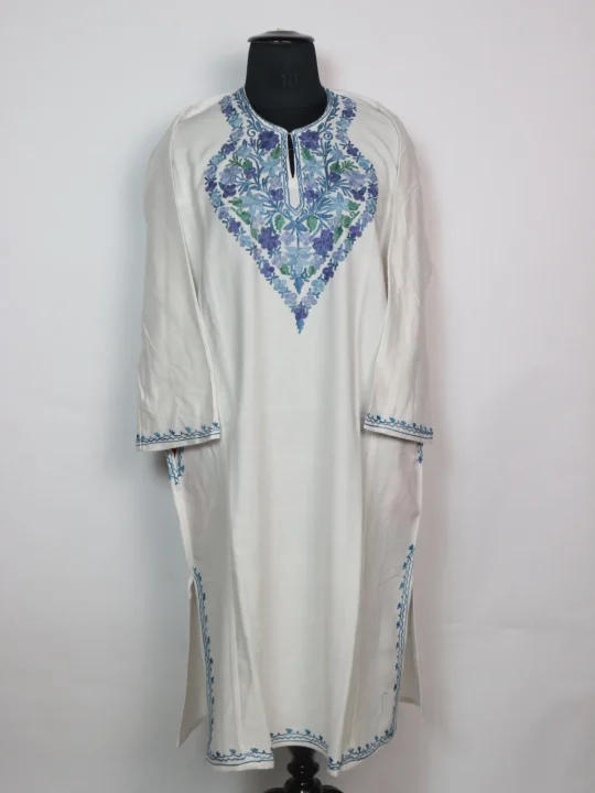 Uzma Kashmiri Pheran in White Cashmilon With Aari Work