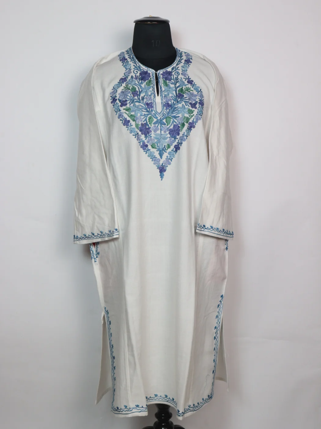 Uzma Kashmiri Pheran in White Cashmilon With Aari Work