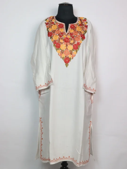 White Kashmiri Pheran in Cashmilon With Aari Work Hiba