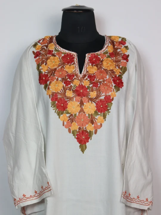 White Kashmiri Pheran in Cashmilon With Aari Work Hiba - Image 2