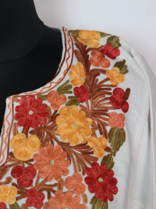 White Kashmiri Pheran in Cashmilon With Aari Work Hiba - Image 3