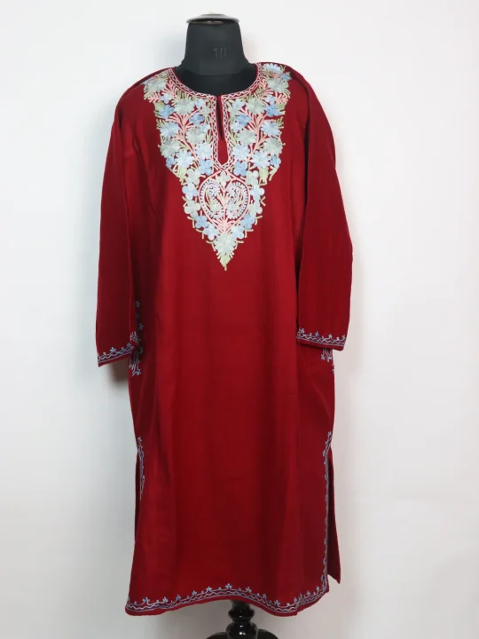 Kashmiri Pheran in Maroon Cashmilon With Aari Work Tasneem