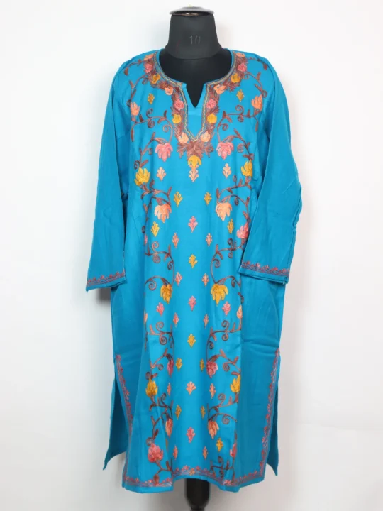 Rumana Kashmiri Pheran Designer in Blue Cashmilon With Aari Embroidery Sleeve Jaal