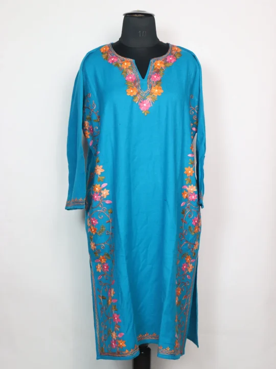 Blue Kashmiri Pheran With Side Panel Aari Embroidery in  Cashmilon | Sahira
