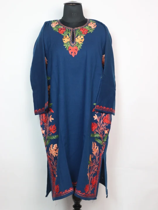 Sabahat Kashmiri Pheran In Blue Cashmilon With Side Panel Aari Embroidery | Designer