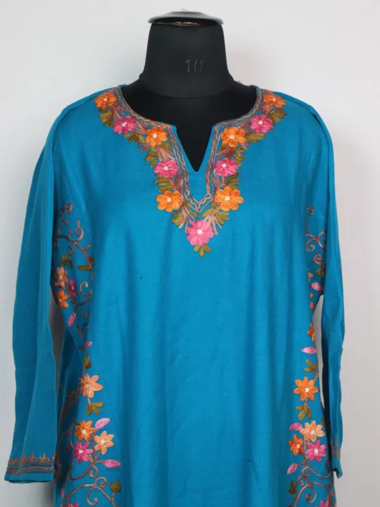 Blue Kashmiri Pheran With Side Panel Aari Embroidery in Cashmilon | Sahira - Image 2