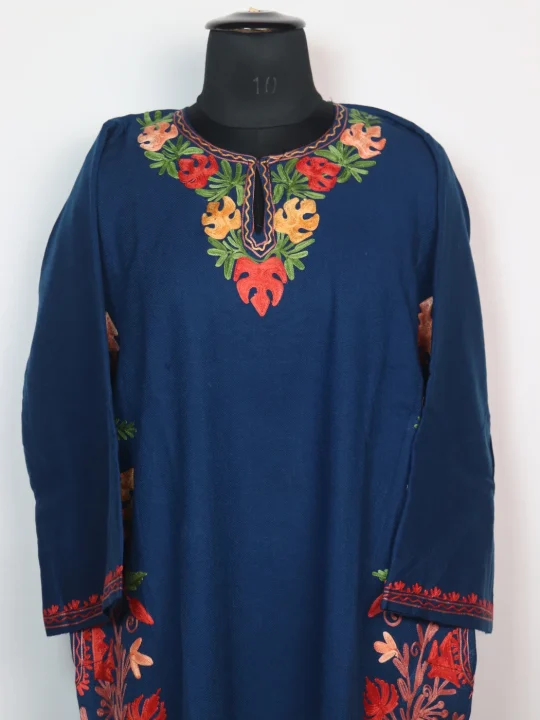 Sabahat Kashmiri Pheran In Blue Cashmilon With Side Panel Aari Embroidery | Designer - Image 2