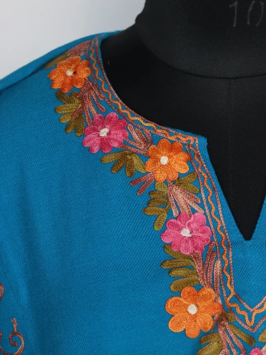 Blue Kashmiri Pheran With Side Panel Aari Embroidery in Cashmilon | Sahira - Image 3