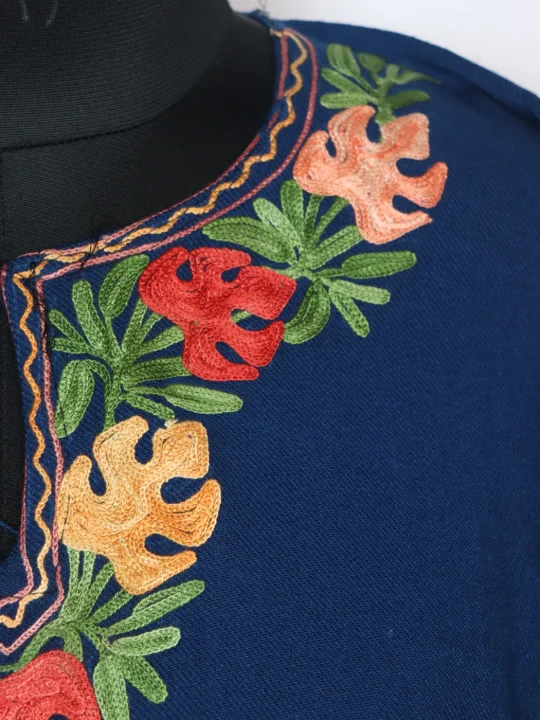Sabahat Kashmiri Pheran In Blue Cashmilon With Side Panel Aari Embroidery | Designer - Image 3