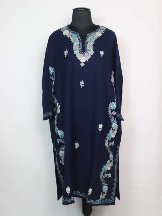 Bazila Kashmiri Pheran Navy Blue Cashmilon With Side Panel Aari Embroidery