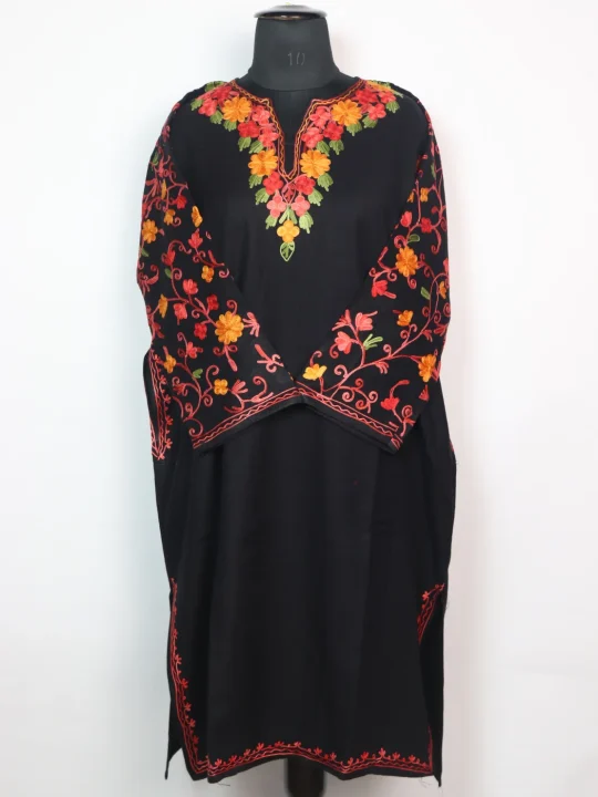 Designer Kashmiri Pheran Black Cashmilon With Aari Embroidery Sleeve Jaal | Mehar