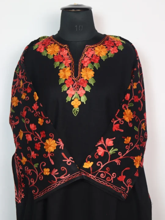Designer Kashmiri Pheran Black Cashmilon With Aari Embroidery Sleeve Jaal | Mehar - Image 2
