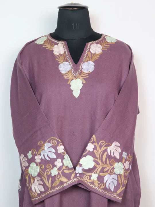 Tazeen Kashmiri Pheran in Purple Cashmilon With Aari Embroidery Sleeve Jaal | Designer - Image 2