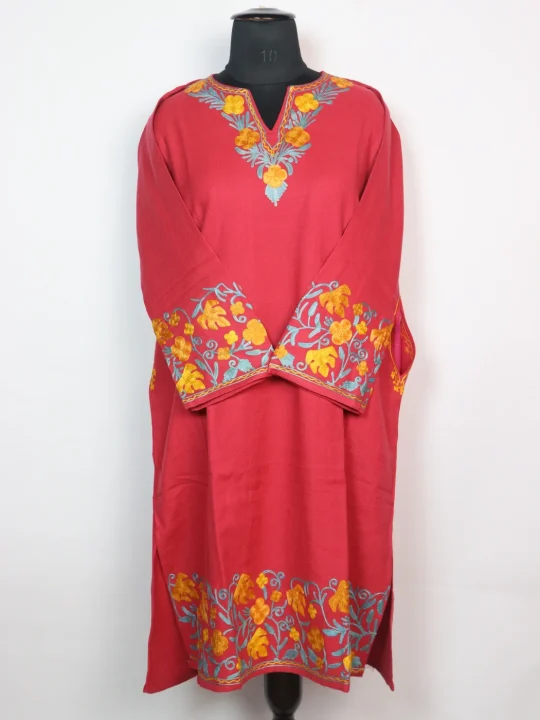Designer Kashmiri Pheran in Pink Cashmilon With Sleeve Jaal Aari Embroidery | Sakina