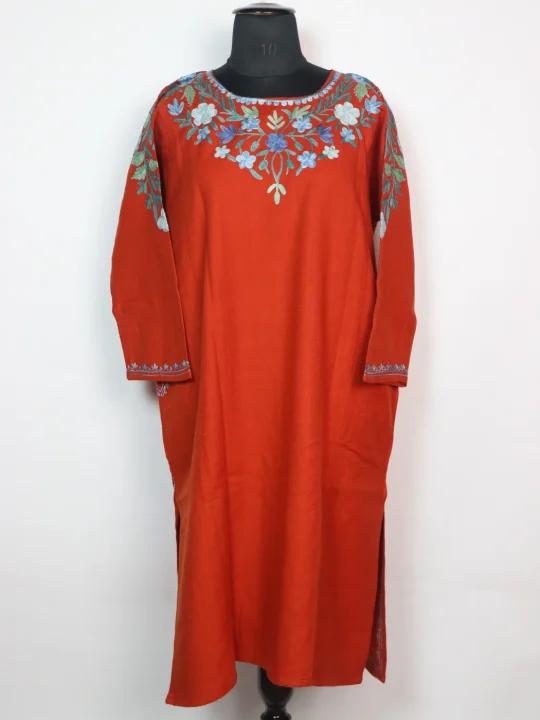 Designer Kashmiri Pheran In Rust Cashmilon With Front Back Aari Embroidery | Nashwa