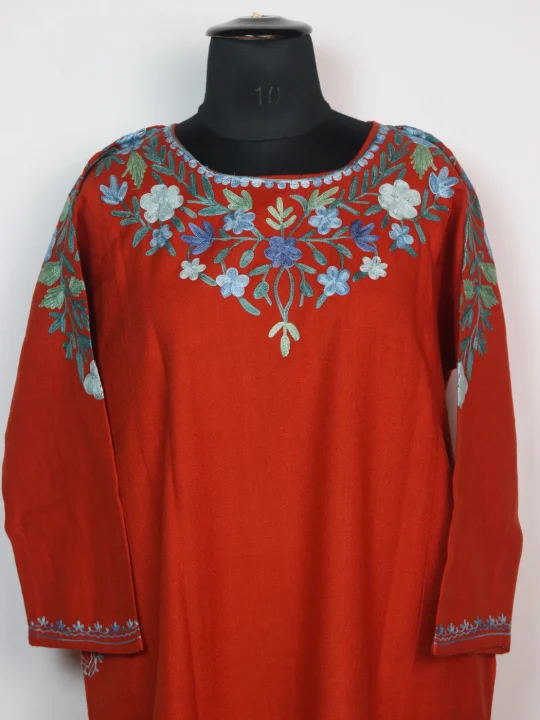 Designer Kashmiri Pheran In Rust Cashmilon With Front Back Aari Embroidery | Nashwa - Image 2