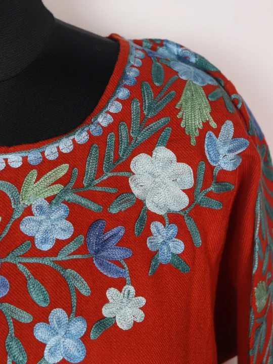Designer Kashmiri Pheran In Rust Cashmilon With Front Back Aari Embroidery | Nashwa - Image 3